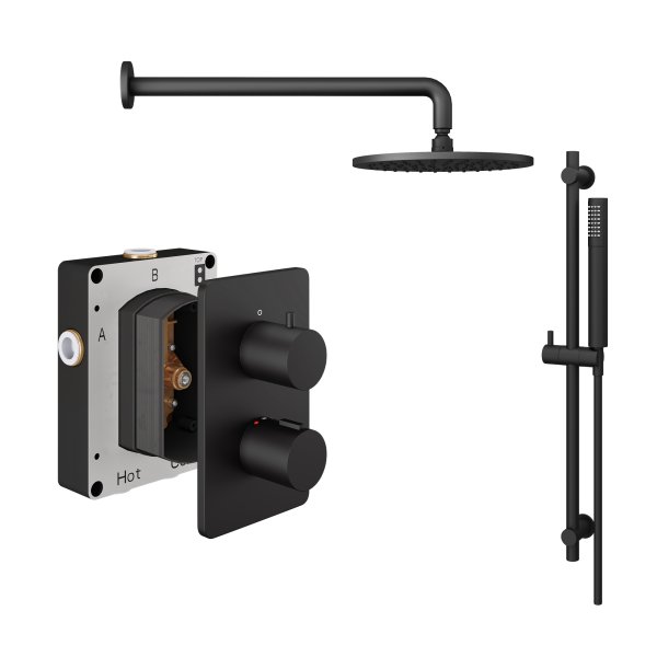 Abacus 2 Outlet Shower Valve with Fixed Round Shower Head, Wall Arm & Riser Kit - Matt Black