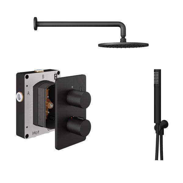 Abacus 2 Outlet Shower Valve with Fixed Round Shower Head, Wall Arm & Handset - Matt Black