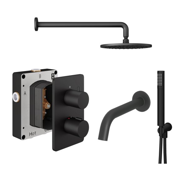 Abacus 3 Outlet Shower Valve with Fixed Round Shower Head, Wall Arm, Handset & Bath Spout - Matt Black