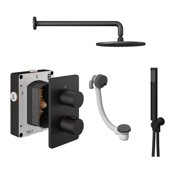 Abacus 3 Outlet Shower Valve with Fixed Round Shower Head, Wall Arm, Handset & Bath Filler - Matt Black