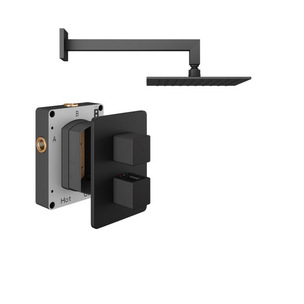 Abacus 1 Outlet Shower Valve with Fixed Square Shower Head & Wall Arm - Matt Black