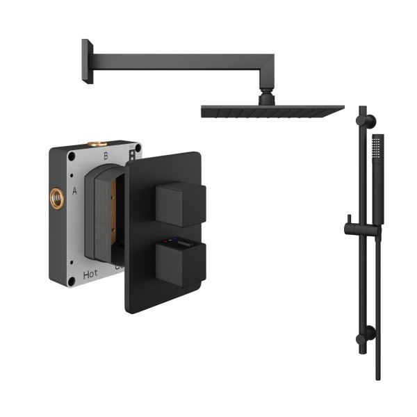 Abacus 2 Outlet Shower Valve with Fixed Square Shower Head, Wall Arm & Riser Kit - Matt Black