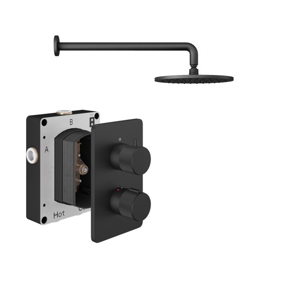 Abacus 1 Outlet Shower Valve Knurled Accents Shower Valve with Fixed Square Shower Head & Wall Arm - Matt Black