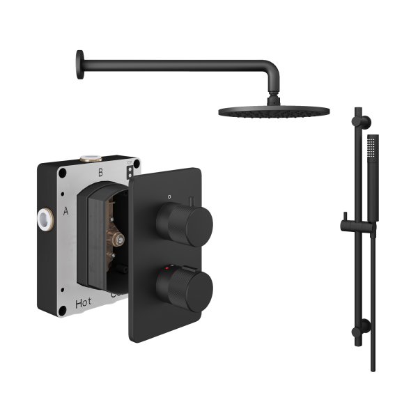 Abacus 2 Outlet Shower Valve Knurled Accents Shower Valve with Fixed Square Shower Head, Wall Arm & Riser Kit - Matt Black