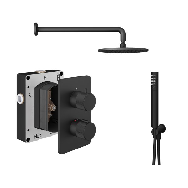 Abacus 2 Outlet Shower Valve Knurled Accents Shower Valve with Fixed Square Shower Head, Wall Arm & Handset - Matt Black