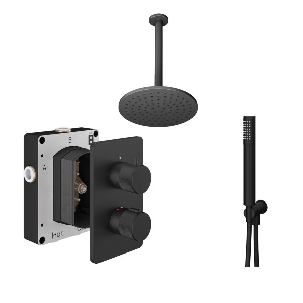 Abacus 2 Outlet Shower Valve Knurled Accents Shower Valve with Fixed Square Shower Head, Ceiling Arm & Handset - Matt Black