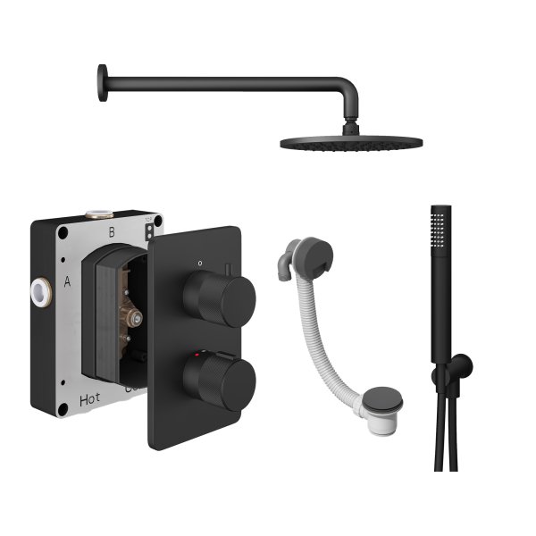 Abacus 3 Outlet Shower Valve Knurled Accents Shower Valve with Fixed Square Shower Head, Wall Arm, Handset & Bath Filler - Matt Black