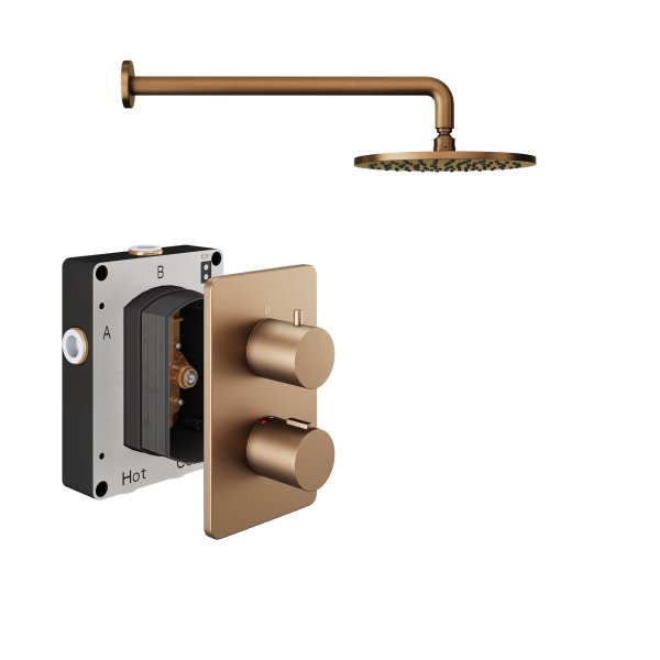 Abacus 1 Outlet Shower Valve with Fixed Round Shower Head & Wall Arm - Brushed Bronze