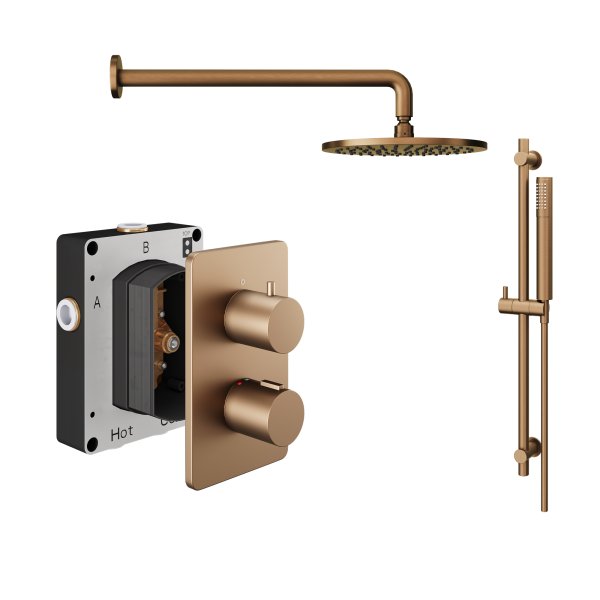 Abacus 2 Outlet Shower Valve with Fixed Round Shower Head, Wall Arm & Riser Kit - Brushed Bronze