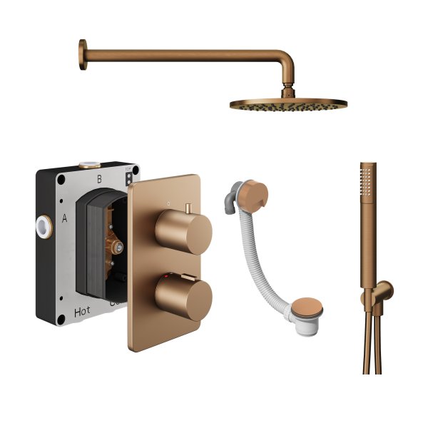 Abacus 3 Outlet Shower Valve with Fixed Round Shower Head, Wall Arm, Handset & Bath Filler - Brushed Bronze