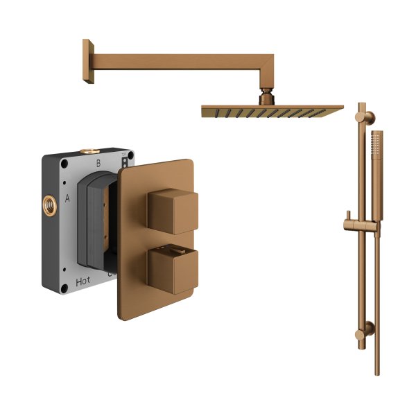 Abacus 2 Outlet Shower Valve with Fixed Square Shower Head, Wall Arm & Riser Kit - Brushed Bronze