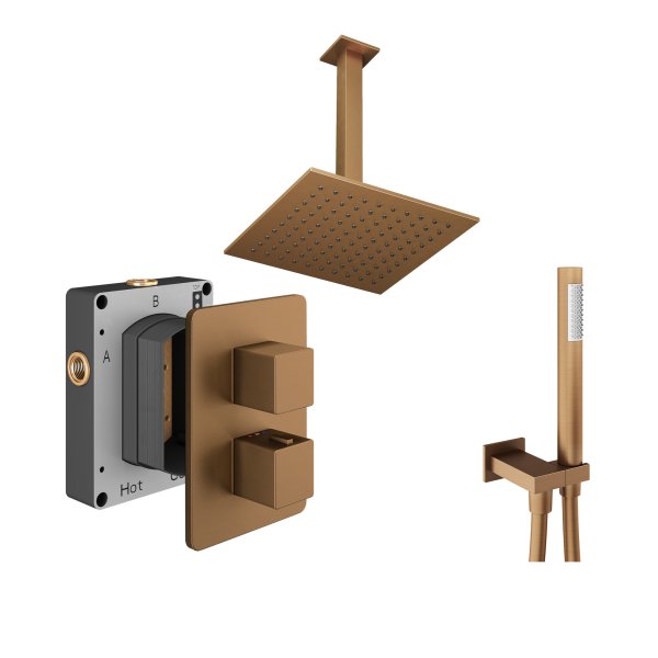 Abacus 2 Outlet Shower Valve with Fixed Square Shower Head, Ceiling Arm & Handset - Brushed Bronze