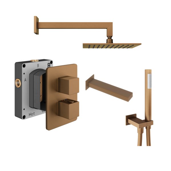 Abacus 3 Outlet Shower Valve with Fixed Square Shower Head, Wall Arm, Handset & Bath Spout - Brushed Bronze