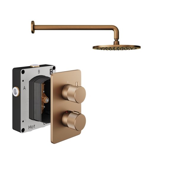 Abacus 1 Outlet Shower Valve Knurled Accents Shower Valve with Fixed Square Shower Head & Wall Arm - Brushed Bronze