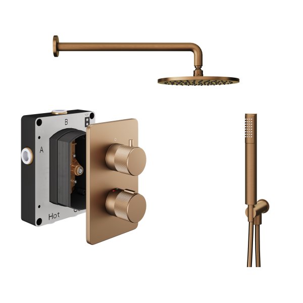 Abacus 2 Outlet Shower Valve Knurled Accents Shower Valve with Fixed Square Shower Head, Wall Arm & Handset - Brushed Bronze