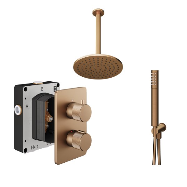 Abacus 2 Outlet Shower Valve Knurled Accents Shower Valve with Fixed Square Shower Head, Ceiling Arm & Handset - Brushed Bronze