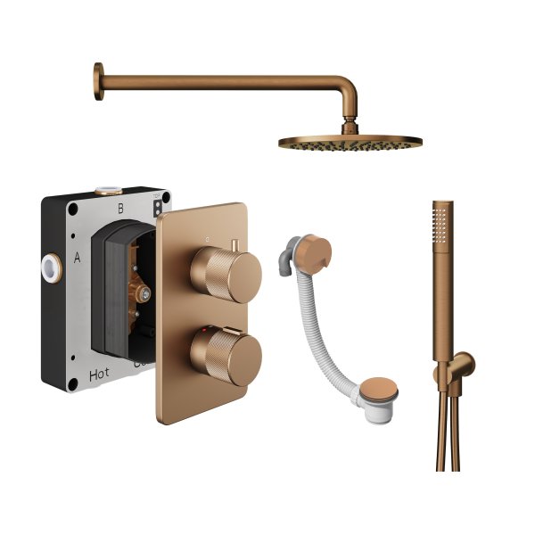 Abacus 3 Outlet Shower Valve Knurled Accents Shower Valve with Fixed Square Shower Head, Wall Arm, Handset & Bath Filler - Brushed Bronze