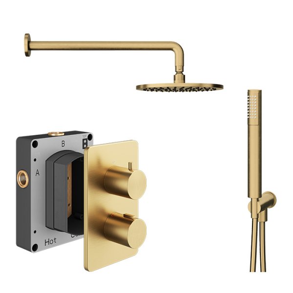 Abacus 2 Outlet Shower Valve with Fixed Round Shower Head, Wall Arm & Handset - Brushed Brass