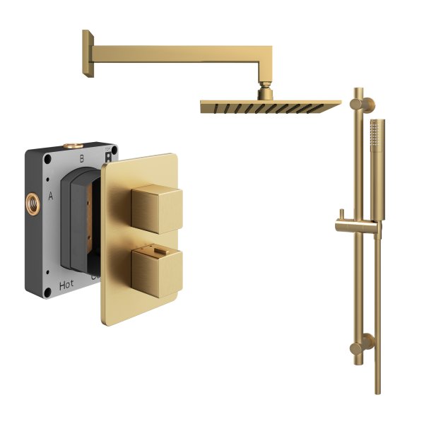 Abacus 2 Outlet Shower Valve with Fixed Square Shower Head, Wall Arm & Riser Kit - Brushed Brass