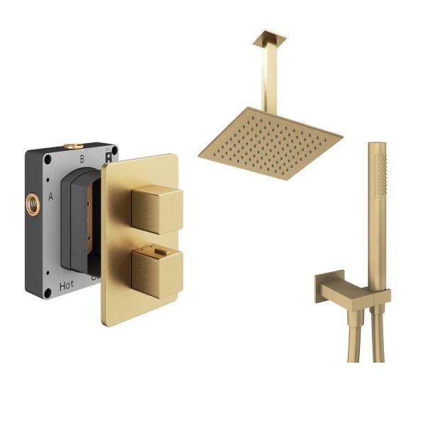 Abacus 2 Outlet Shower Valve with Fixed Square Shower Head, Ceiling Arm & Handset - Brushed Brass