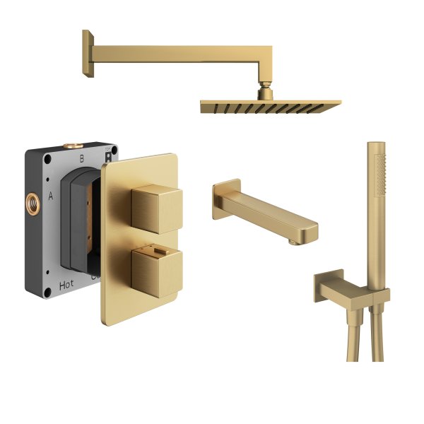 Abacus 3 Outlet Shower Valve with Fixed Square Shower Head, Wall Arm, Handset & Bath Spout - Brushed Brass