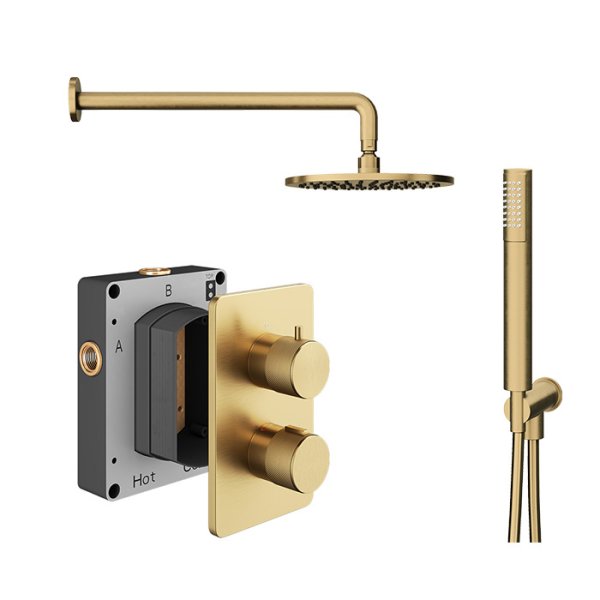 Abacus 2 Outlet Shower Valve Knurled Accents Shower Valve with Fixed Square Shower Head, Wall Arm & Handset - Brushed Brass