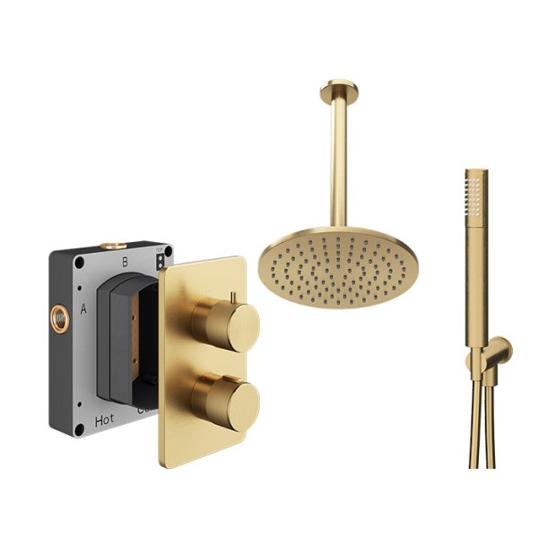 Abacus 2 Outlet Shower Valve Knurled Accents Shower Valve with Fixed Square Shower Head, Ceiling Arm & Handset - Brushed Brass