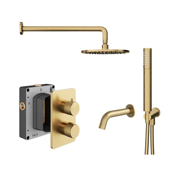 Abacus 3 Outlet Shower Valve Knurled Accents Shower Valve with Fixed Square Shower Head, Wall Arm, Handset & Bath Spout - Brushed Brass