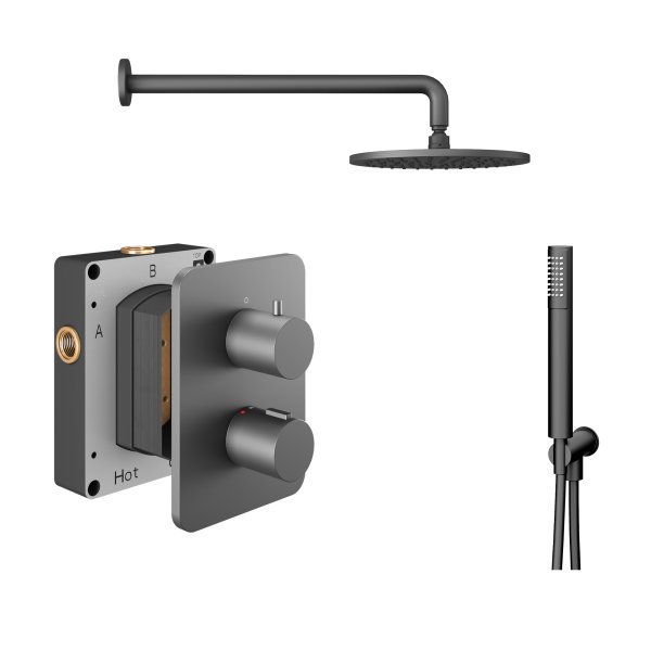 Abacus 2 Outlet Shower Valve with Fixed Round Shower Head, Wall Arm & Handset - Anthracite