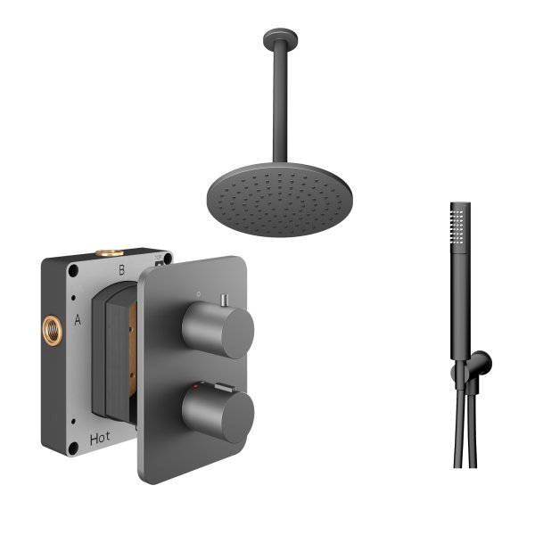 Abacus 2 Outlet Shower Valve with Fixed Round Shower Head, Ceiling Arm & Handset - Anthracite