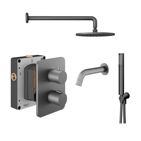 Abacus 3 Outlet Shower Valve with Fixed Round Shower Head, Wall Arm, Handset & Bath Spout - Anthracite