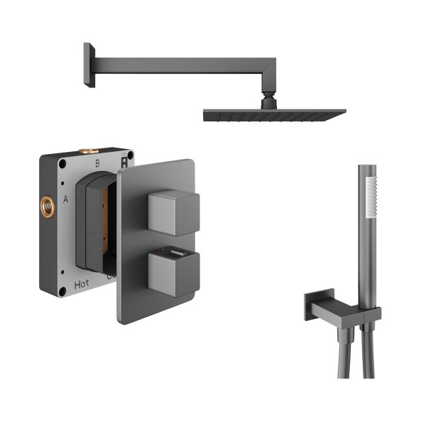 Abacus 2 Outlet Shower Valve with Fixed Square Shower Head, Wall Arm & Handset - Anthracite