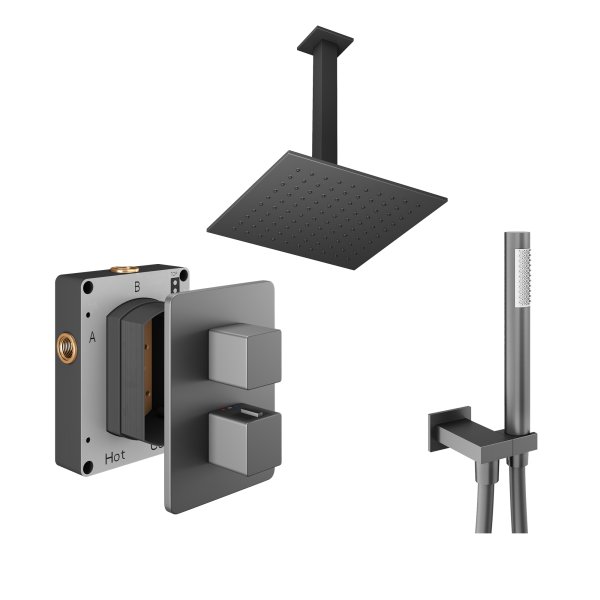 Abacus 2 Outlet Shower Valve with Fixed Square Shower Head, Ceiling Arm & Handset - Anthracite