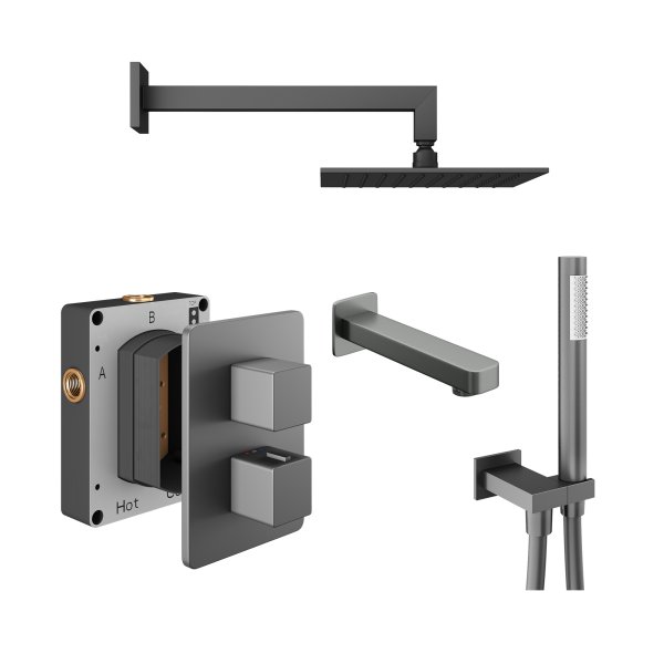 Abacus 3 Outlet Shower Valve with Fixed Square Shower Head, Wall Arm, Handset & Bath Spout - Anthracite