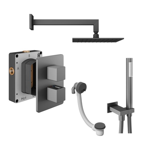 Abacus 3 Outlet Shower Valve with Fixed Square Shower Head, Wall Arm, Handset & Bath Filler - Anthracite