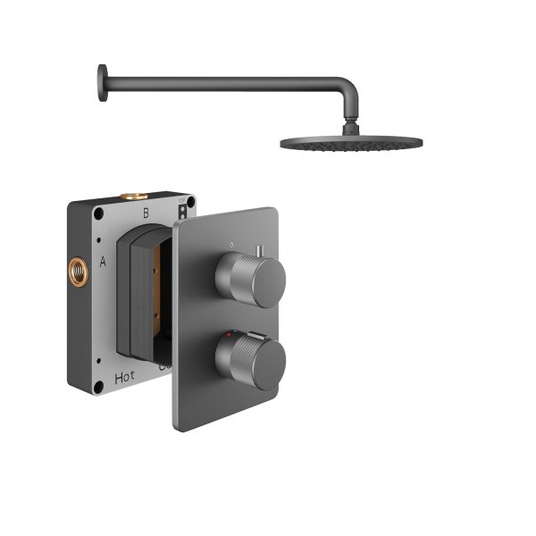 Abacus 1 Outlet Shower Valve Knurled Accents Shower Valve with Fixed Square Shower Head & Wall Arm - Anthracite