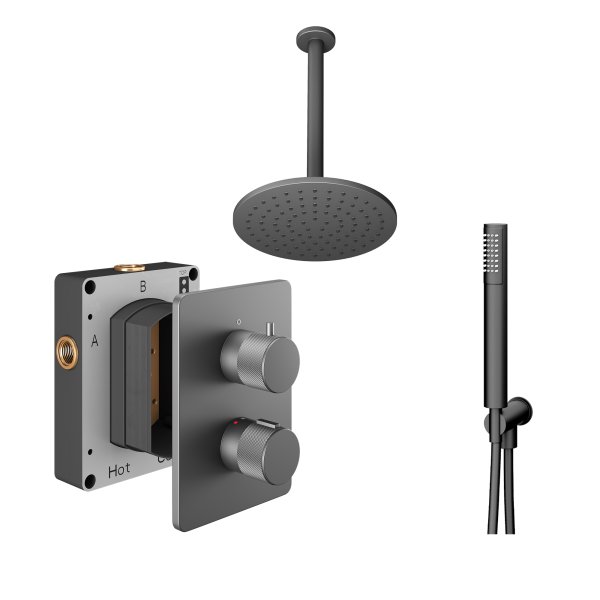 Abacus 2 Outlet Shower Valve Knurled Accents Shower Valve with Fixed Square Shower Head, Ceiling Arm & Handset - Anthracite