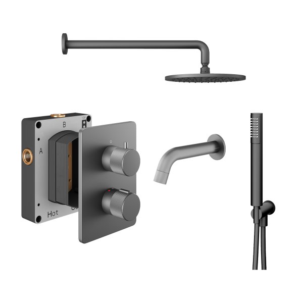 Abacus 3 Outlet Shower Valve Knurled Accents Shower Valve with Fixed Square Shower Head, Wall Arm, Handset & Bath Spout - Anthracite