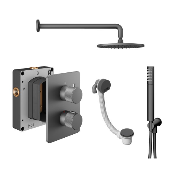 Abacus 3 Outlet Shower Valve Knurled Accents Shower Valve with Fixed Square Shower Head, Wall Arm, Handset & Bath Filler - Anthracite