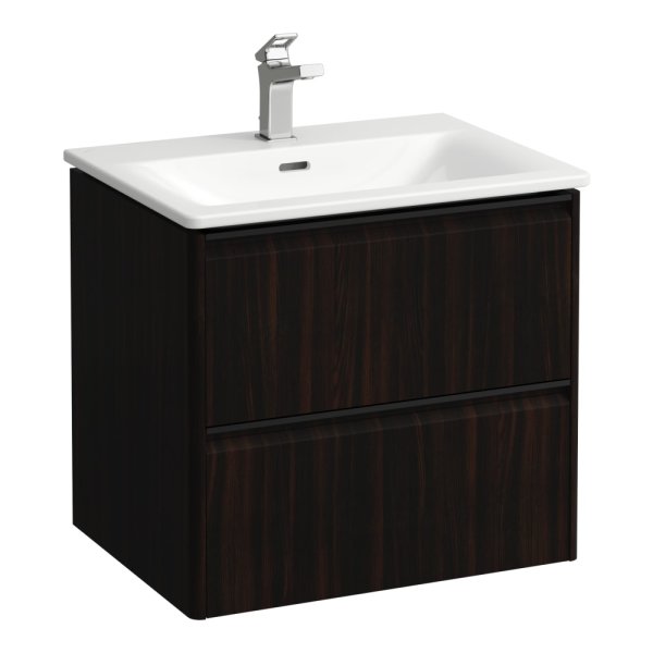 Laufen Palace 600mm 2 Drawer Vanity Unit & Basin with Black Handles - Dark Brown Elm