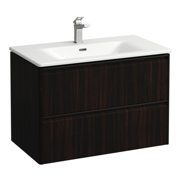 Laufen Palace 800mm 2 Drawer Vanity Unit & Basin with Black Handles - Dark Brown Elm